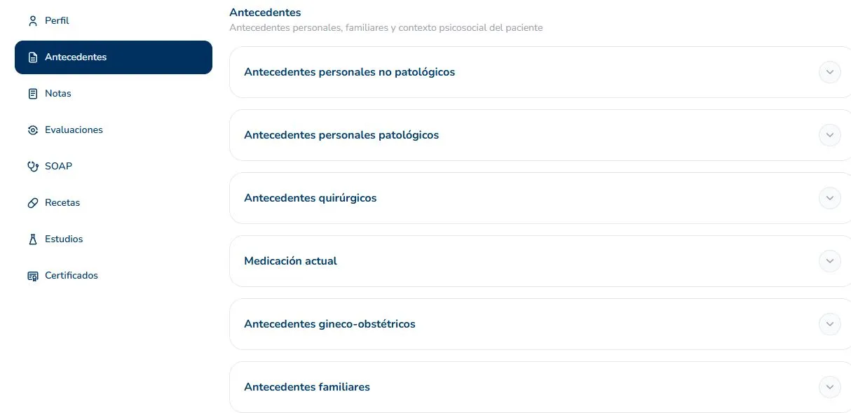 Pantalla real de antecedentes del expediente en EasyMD Doctor