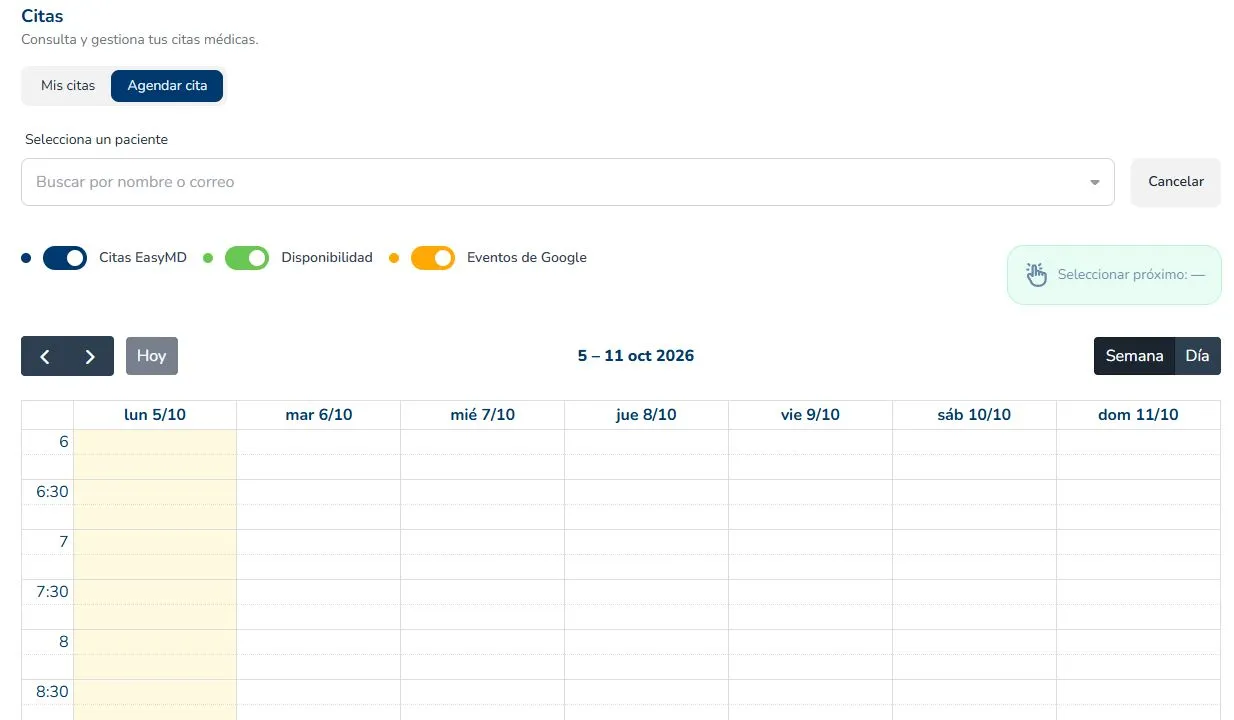 Agenda semanal del webapp EasyMD Doctor con citas, disponibilidad y eventos de Google